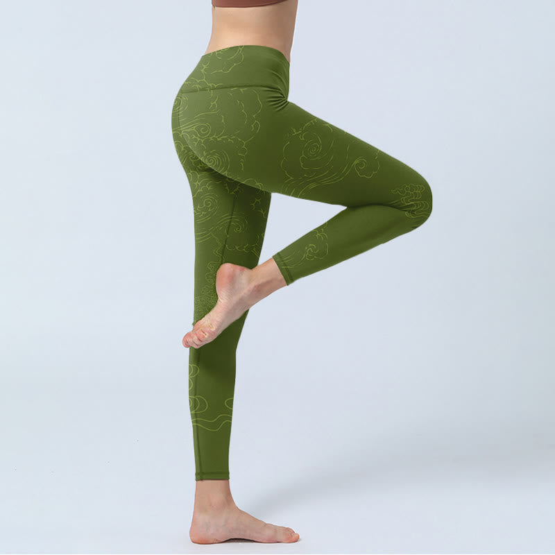 Buddha Stonesと緑の縁起の良い雲の波模様プリントのジムレギンス レディース ヨガパンツ - image 4