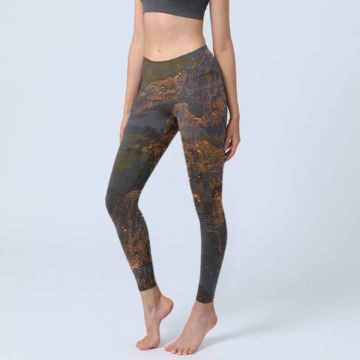Buddha Stones、黄金の山、雲のプリントジムレギンス、レディースヨガパンツ - サドルブラウン - US18、 UK/AU22、 EU50 (4XL) - image 1