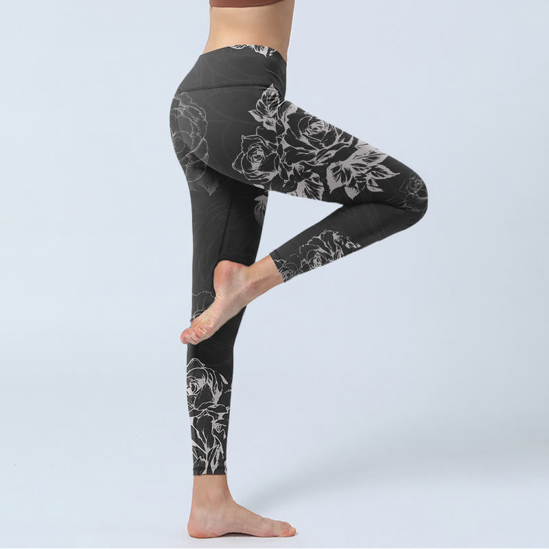 Buddha Stonesグレー牡丹ローズフラワースケッチプリントジムフィットネスレギンスレディースヨガパンツ - image 4