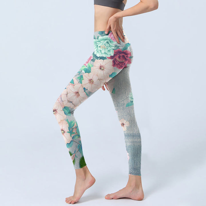 Buddha Stonesとカラフルな牡丹の花のプリントジムフィットネスレギンスレディースヨガパンツ - image 3