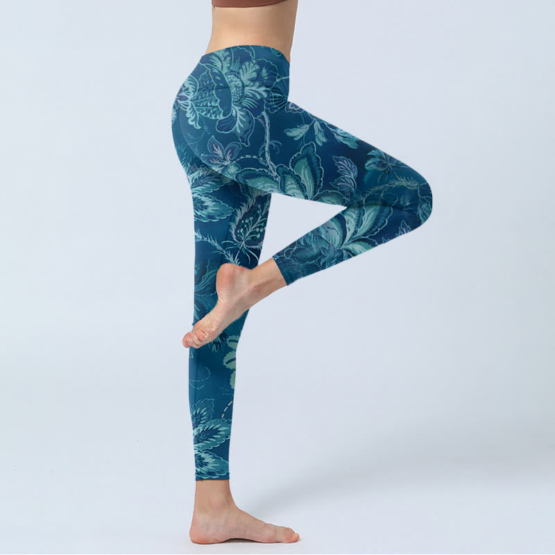 Buddha Stonesブルーフラワープリント スポーツフィットネスレギンス レディース ヨガパンツ - image 4
