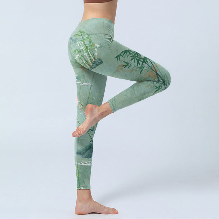 Buddha Stonesグリーン 竹 岩 プリント スポーツ フィットネス レギンス レディース ヨガパンツ - image 4