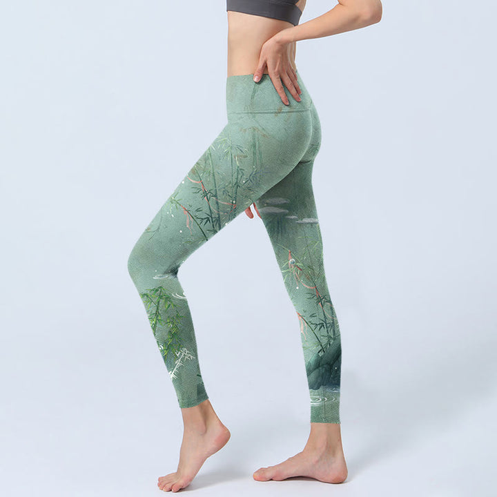 Buddha Stonesグリーン 竹 岩 プリント スポーツ フィットネス レギンス レディース ヨガパンツ - image 3