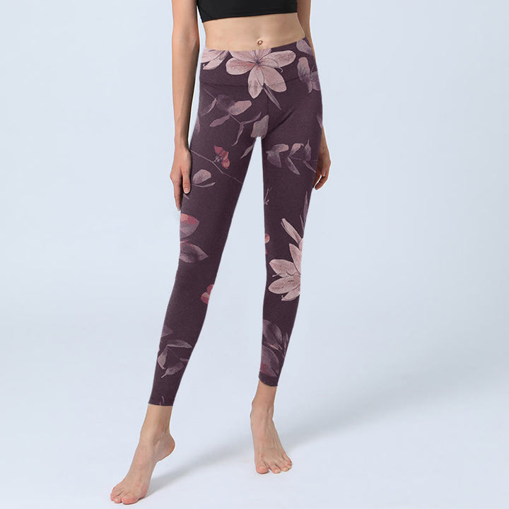 Buddha Stones、紫、白、花、葉、花柄プリント、ジムフィットネスレギンス、レディースヨガパンツ - image 6