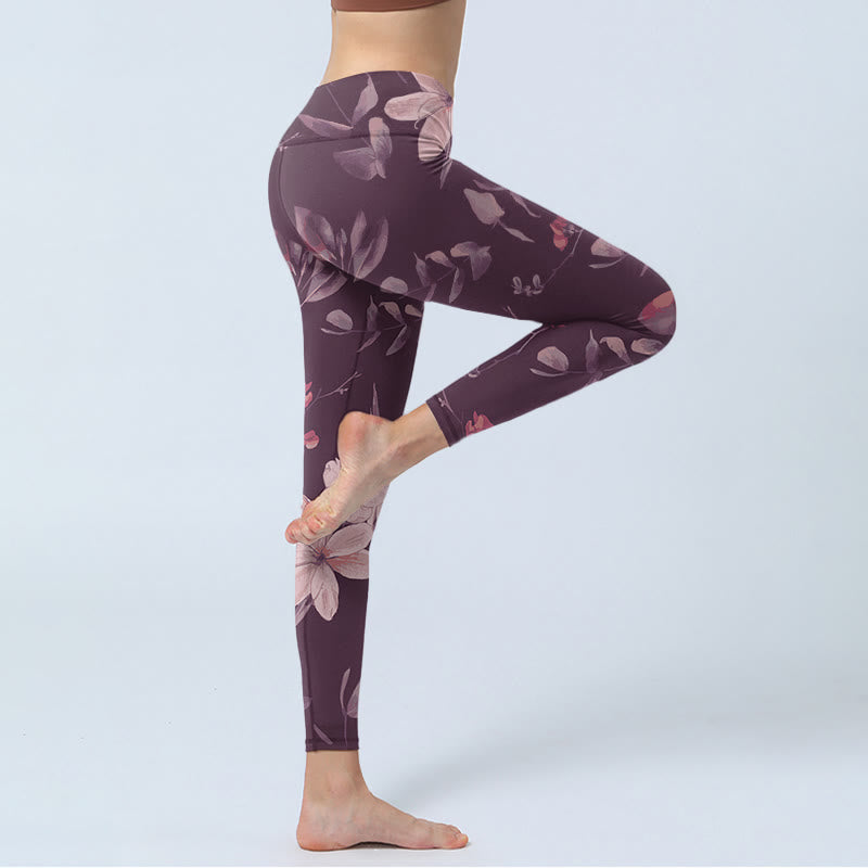 Buddha Stones、紫、白、花、葉、花柄プリント、ジムフィットネスレギンス、レディースヨガパンツ - image 4