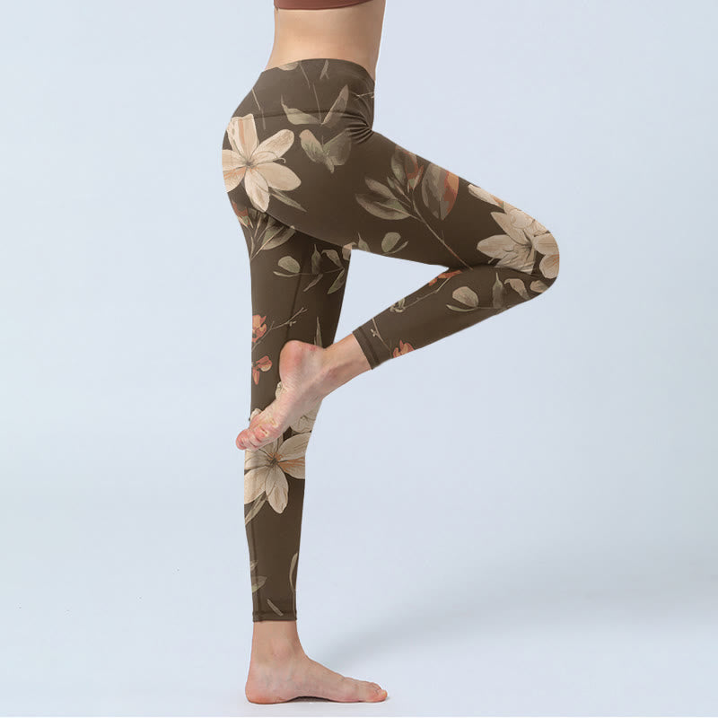 Buddha Stones、紫、白、花、葉、花柄プリント、ジムフィットネスレギンス、レディースヨガパンツ - image 13