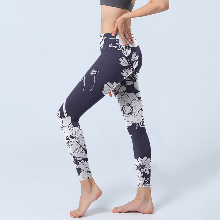 Buddha Stonesと花のプリント スポーツ フィットネス レギンス レディース ヨガパンツ - image 3