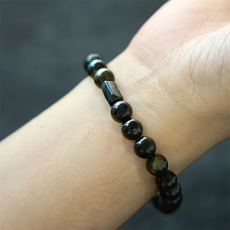 Buddha Stonesゴールドシーンオブシディアン ブラックトルマリン ウェルスブレスレット