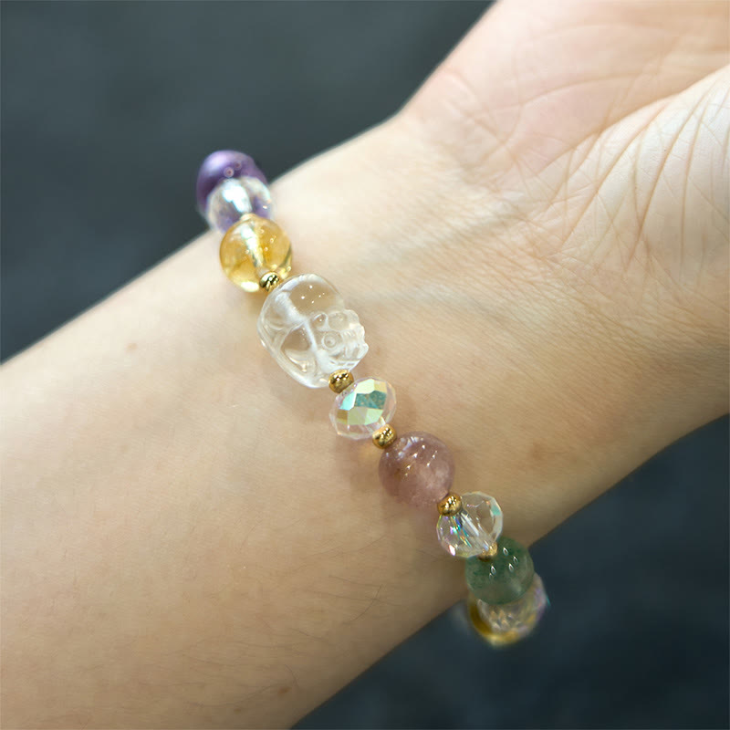 Buddha Stones貔貅 ホワイトクリスタル シトリン グリーンストロベリークォーツ アメジスト幸運ブレスレット