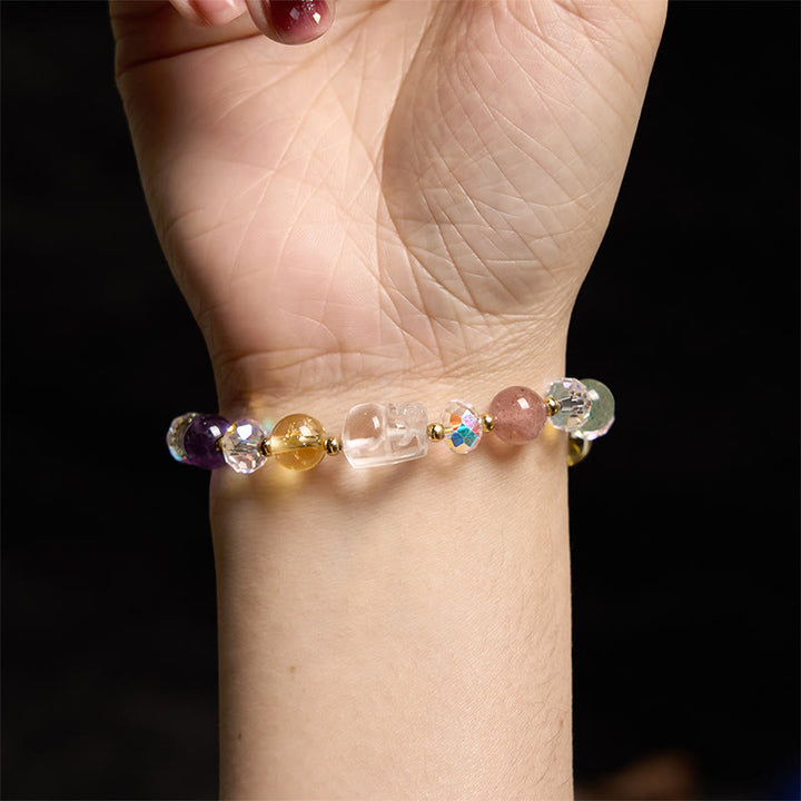 Buddha Stones貔貅 ホワイトクリスタル シトリン グリーンストロベリークォーツ アメジスト幸運ブレスレット