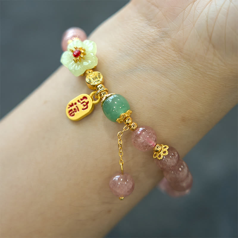 Buddha Stones天然ストロベリークォーツ ブロッサムフー キャラクターポジティブヒーリングブレスレット