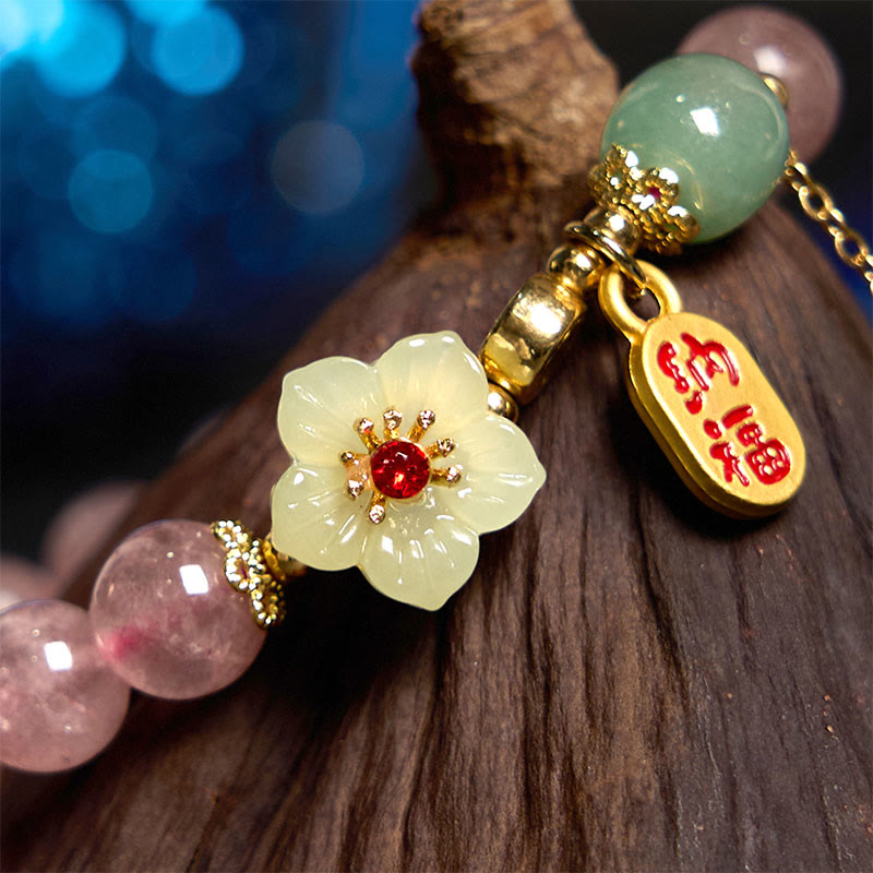 Buddha Stones天然ストロベリークォーツ ブロッサムフー キャラクターポジティブヒーリングブレスレット