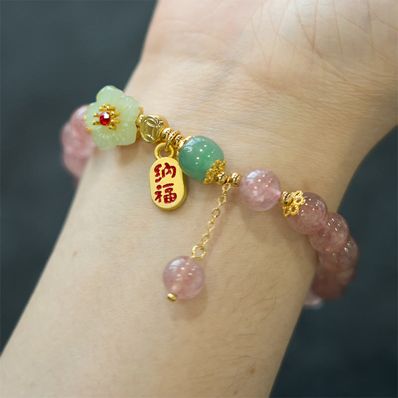 Buddha Stones天然ストロベリークォーツ ブロッサムフー キャラクターポジティブヒーリングブレスレット