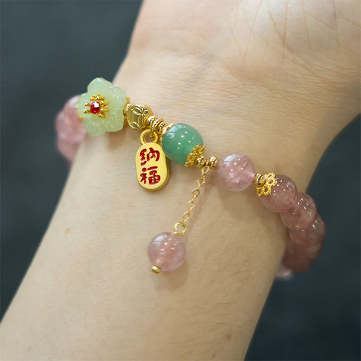 Buddha Stones天然ストロベリークォーツ ブロッサムフー キャラクターポジティブヒーリングブレスレット