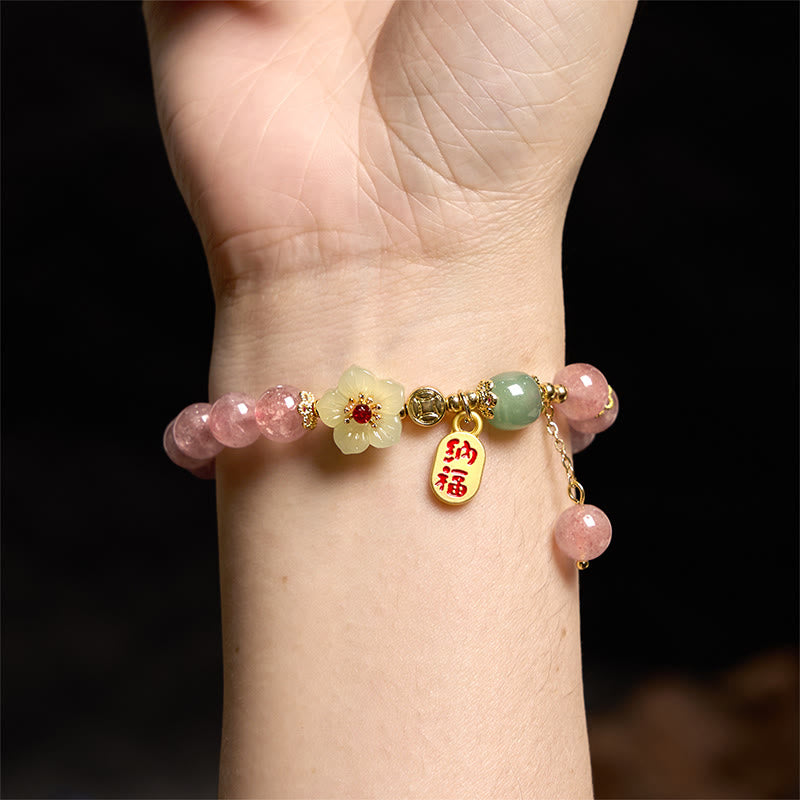 Buddha Stones天然ストロベリークォーツ ブロッサムフー キャラクターポジティブヒーリングブレスレット