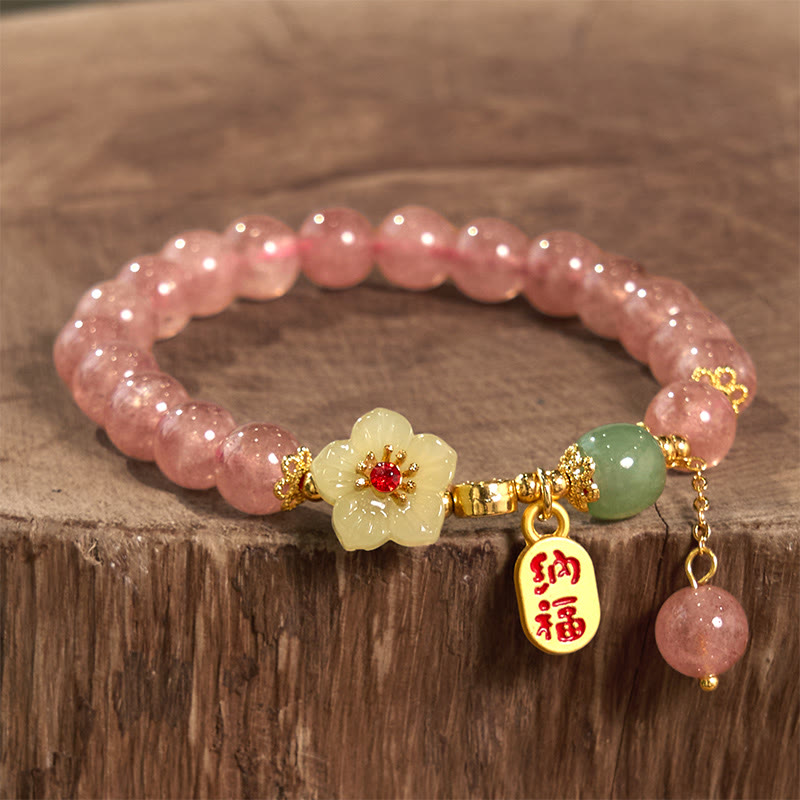 Buddha Stones天然ストロベリークォーツ ブロッサムフー キャラクターポジティブヒーリングブレスレット