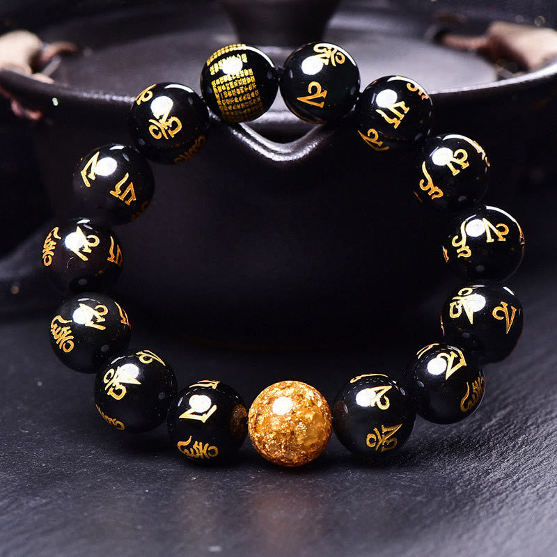Buddha Stones六つの真実の言葉オーム・マニ・パドメ・フムレインボーオブシディアン 金箔 創造性ブレスレット