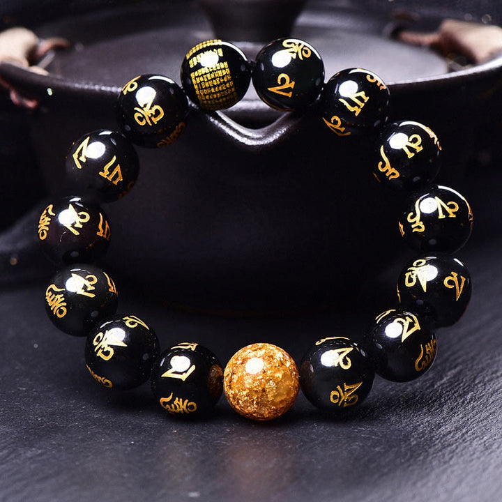 Buddha Stones六つの真実の言葉オーム・マニ・パドメ・フムレインボーオブシディアン 金箔 創造性ブレスレット