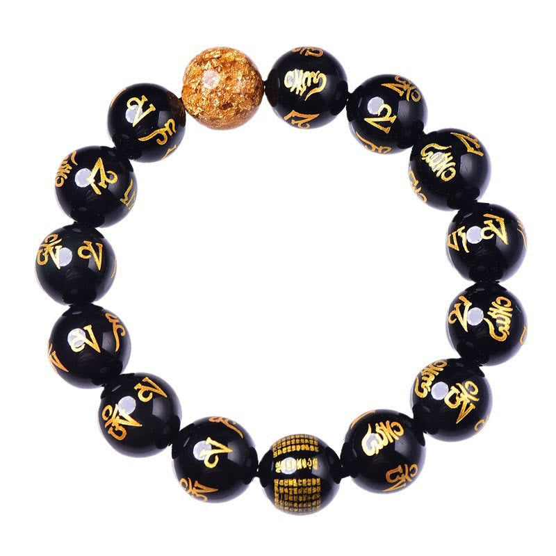 Buddha Stones六つの真実の言葉オーム・マニ・パドメ・フムレインボーオブシディアン 金箔 創造性ブレスレット