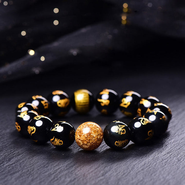 Buddha Stones六つの真実の言葉オーム・マニ・パドメ・フムレインボーオブシディアン 金箔 創造性ブレスレット