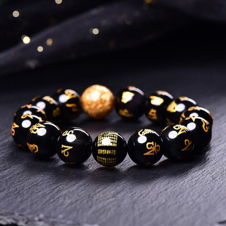 Buddha Stones六つの真実の言葉オーム・マニ・パドメ・フムレインボーオブシディアン 金箔 創造性ブレスレット