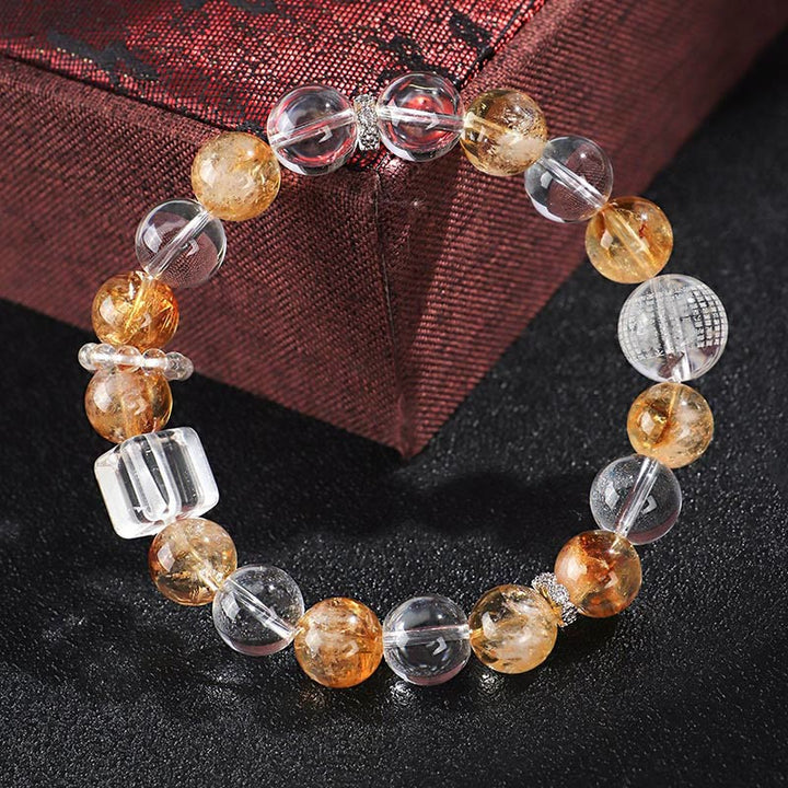 Buddha Stones天然シトリンパールトパーズホワイトクリスタルプロテクションブレスレット