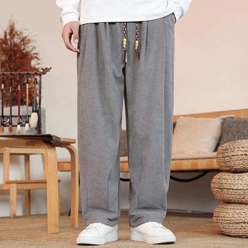 Buddha Stones秋冬 メンズ ドローストリング コーデュロイ 無地 ポケット付きパンツ - image 1