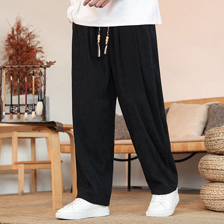 Buddha Stones秋冬 メンズ ドローストリング コーデュロイ 無地 ポケット付きパンツ - 黒 - US/UK/AU46、 EU56 (5XL) - image 14
