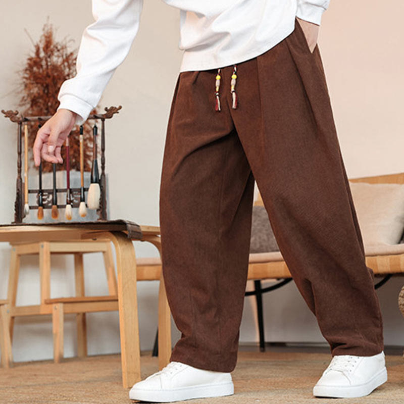 Buddha Stones秋冬 メンズ ドローストリング コーデュロイ 無地 ポケット付きパンツ - image 30