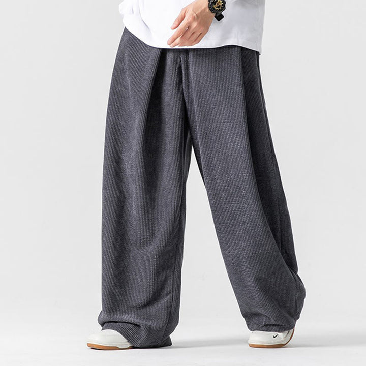 Buddha Stones無地コットンコーデュロイメンズワイドレッグパンツ（ポケット付き）