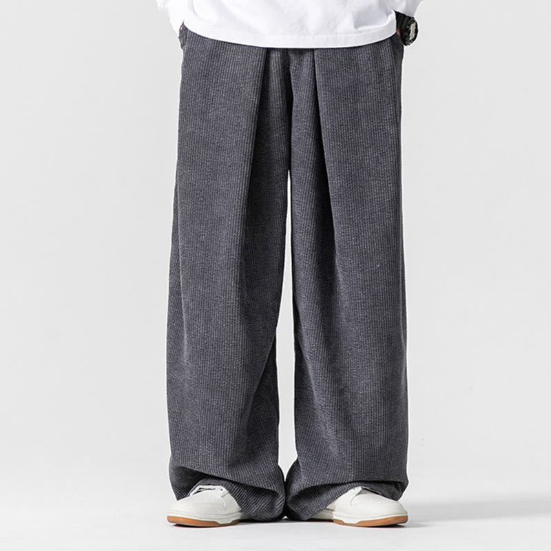 Buddha Stones無地コットンコーデュロイメンズワイドレッグパンツ（ポケット付き）