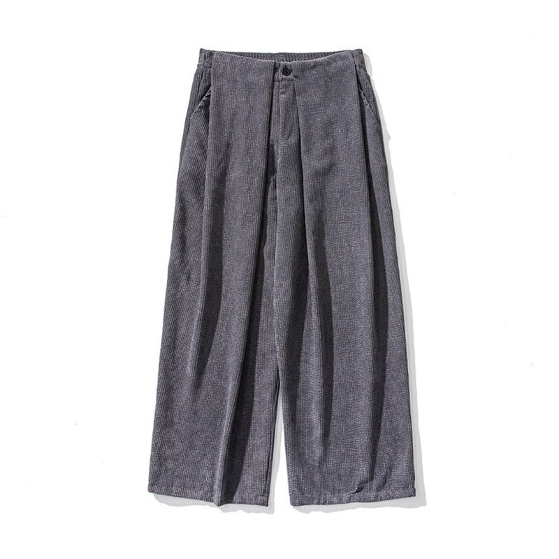 Buddha Stones無地コットンコーデュロイメンズワイドレッグパンツ（ポケット付き）