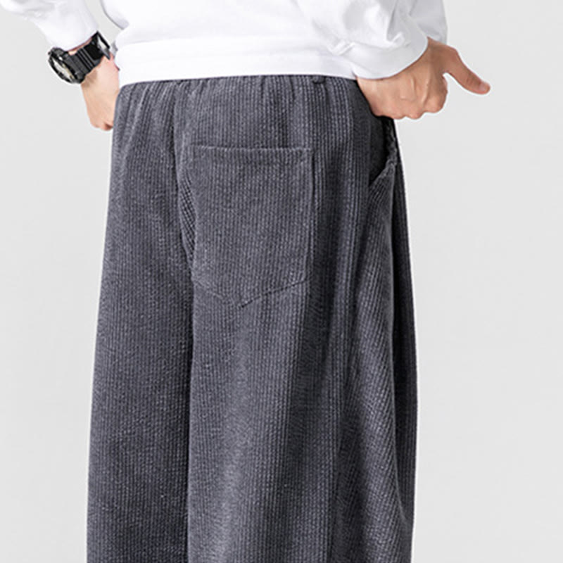 Buddha Stones無地コットンコーデュロイメンズワイドレッグパンツ（ポケット付き）