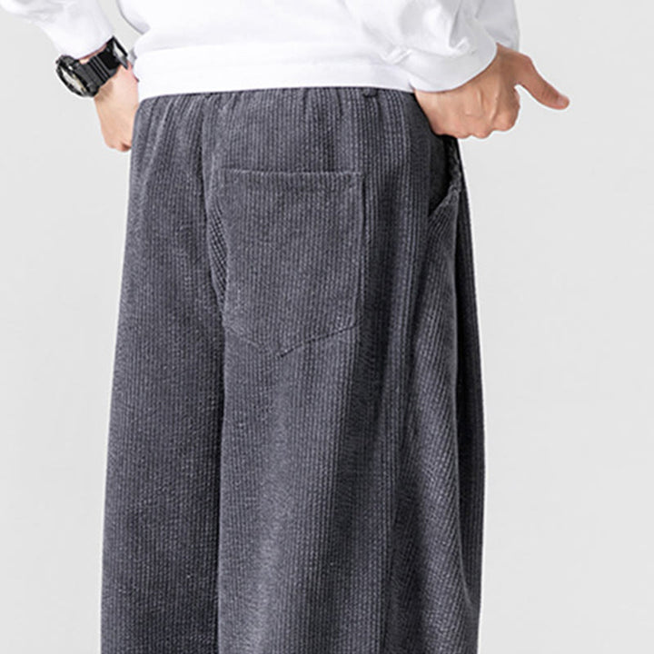 Buddha Stones無地コットンコーデュロイメンズワイドレッグパンツ（ポケット付き）