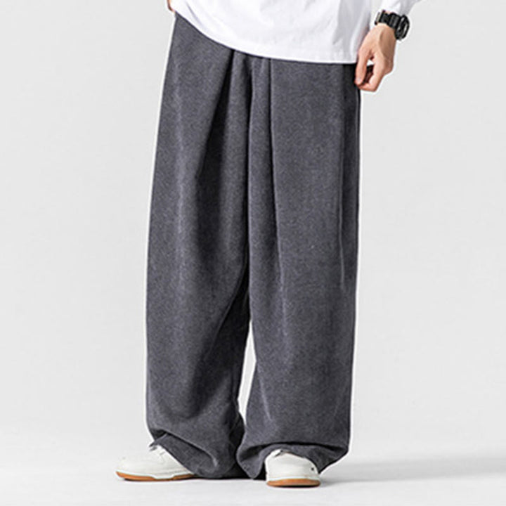 Buddha Stones無地コットンコーデュロイメンズワイドレッグパンツ（ポケット付き）