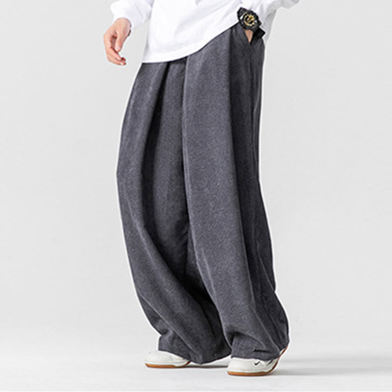 Buddha Stones無地コットンコーデュロイメンズワイドレッグパンツ（ポケット付き）