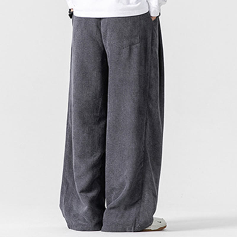 Buddha Stones無地コットンコーデュロイメンズワイドレッグパンツ（ポケット付き）