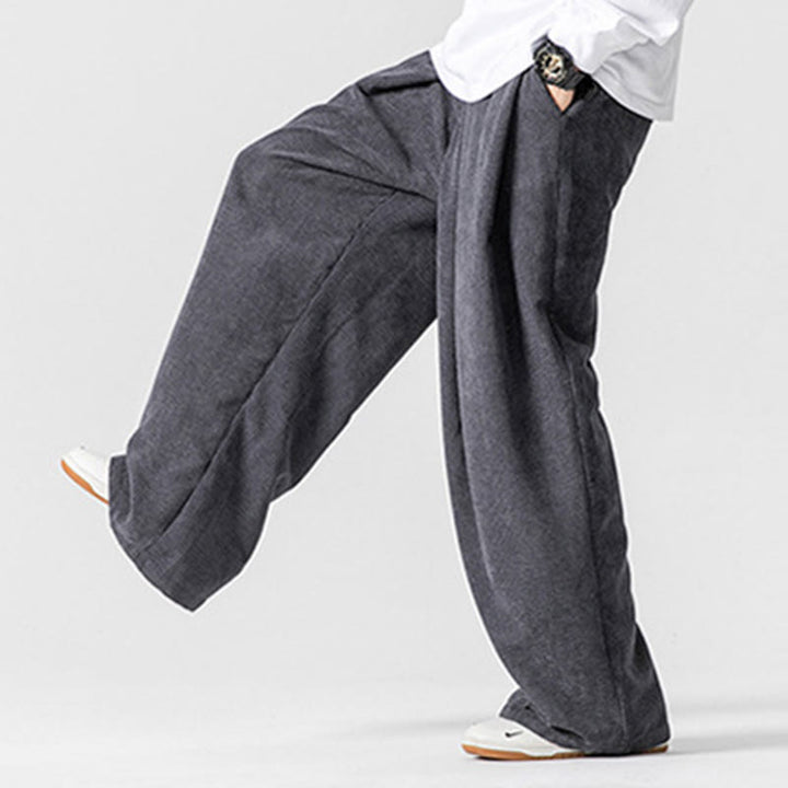 Buddha Stones無地コットンコーデュロイメンズワイドレッグパンツ（ポケット付き）