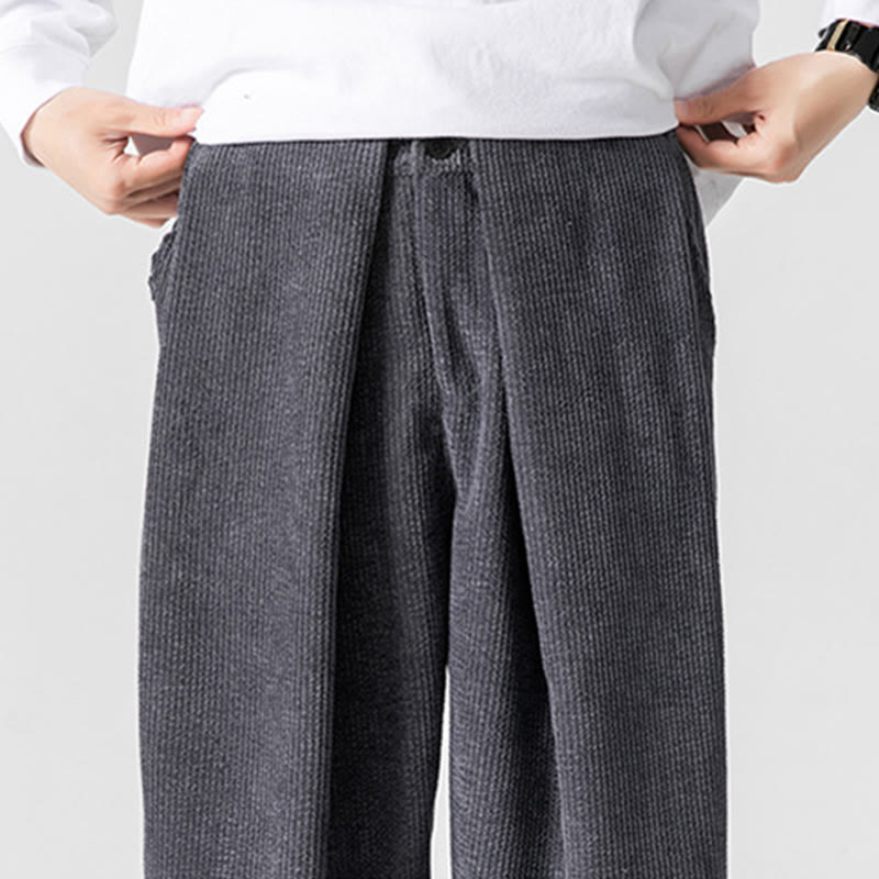 Buddha Stones無地コットンコーデュロイメンズワイドレッグパンツ（ポケット付き）