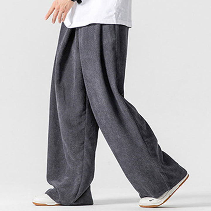 Buddha Stones無地コットンコーデュロイメンズワイドレッグパンツ（ポケット付き）