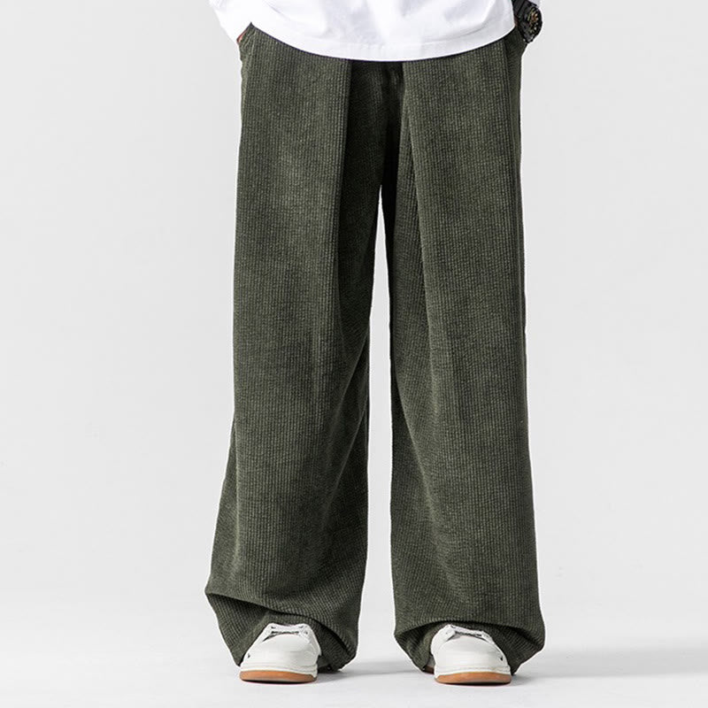 Buddha Stones無地コットンコーデュロイメンズワイドレッグパンツ（ポケット付き）