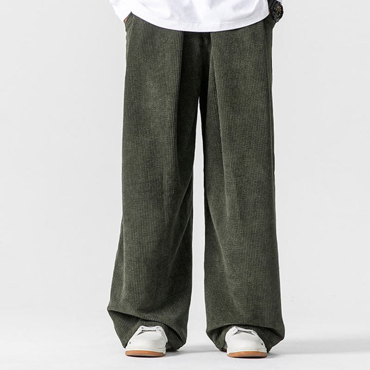 Buddha Stones無地コットンコーデュロイメンズワイドレッグパンツ（ポケット付き）
