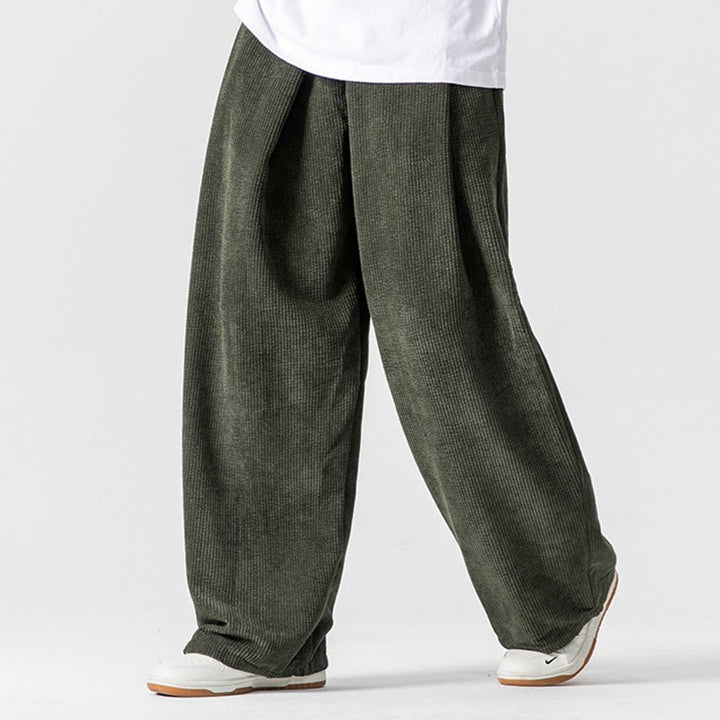 Buddha Stones無地コットンコーデュロイメンズワイドレッグパンツ（ポケット付き）