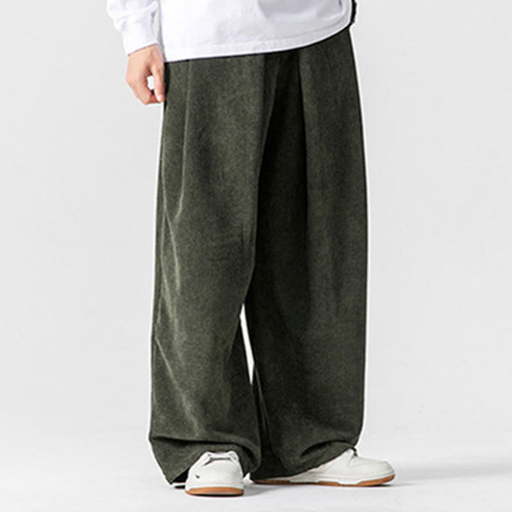 Buddha Stones無地コットンコーデュロイメンズワイドレッグパンツ（ポケット付き）