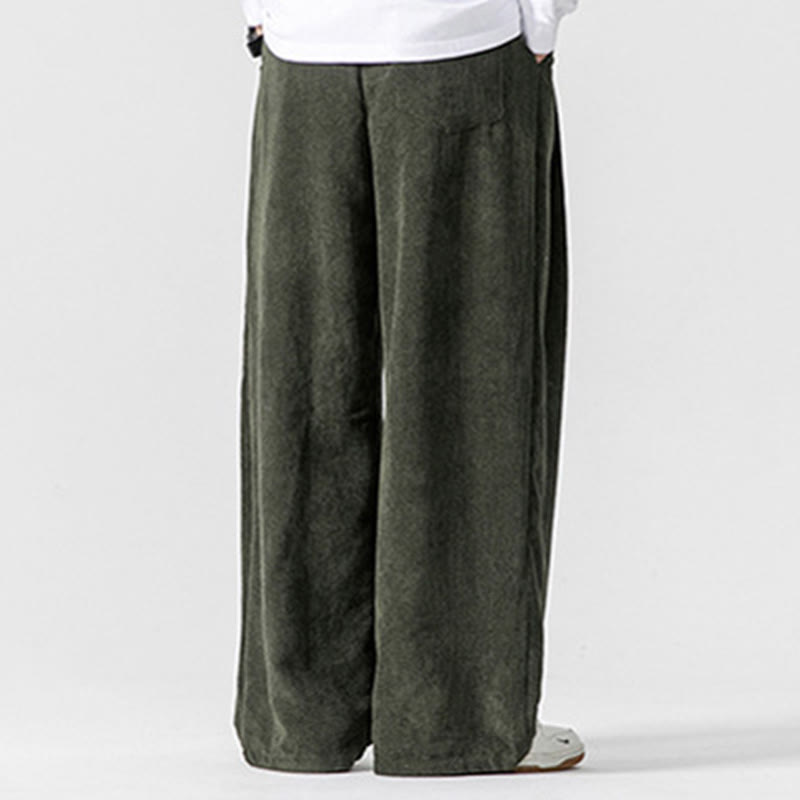 Buddha Stones無地コットンコーデュロイメンズワイドレッグパンツ（ポケット付き）