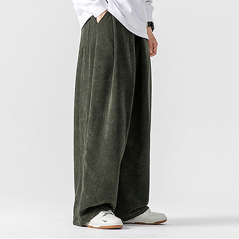Buddha Stones無地コットンコーデュロイメンズワイドレッグパンツ（ポケット付き）