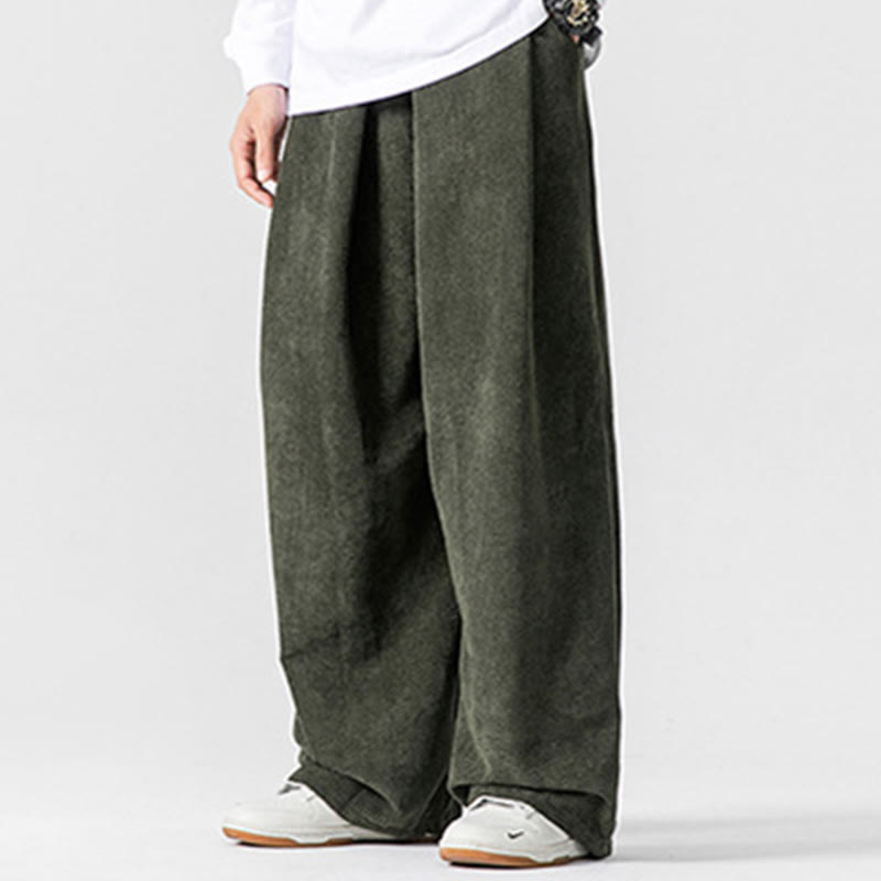 Buddha Stones無地コットンコーデュロイメンズワイドレッグパンツ（ポケット付き）