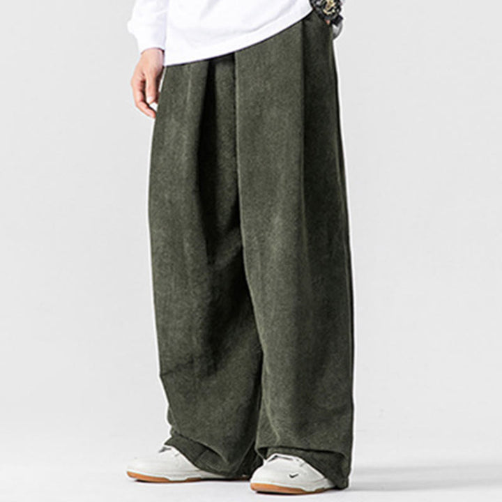 Buddha Stones無地コットンコーデュロイメンズワイドレッグパンツ（ポケット付き）