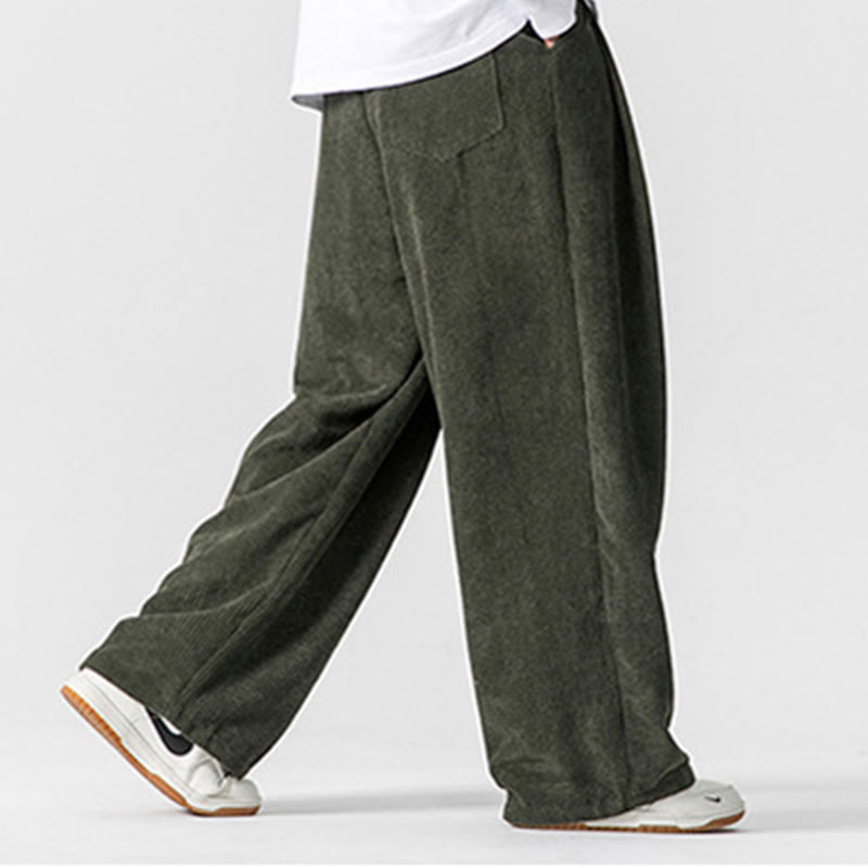 Buddha Stones無地コットンコーデュロイメンズワイドレッグパンツ（ポケット付き）