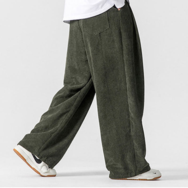 Buddha Stones無地コットンコーデュロイメンズワイドレッグパンツ（ポケット付き）